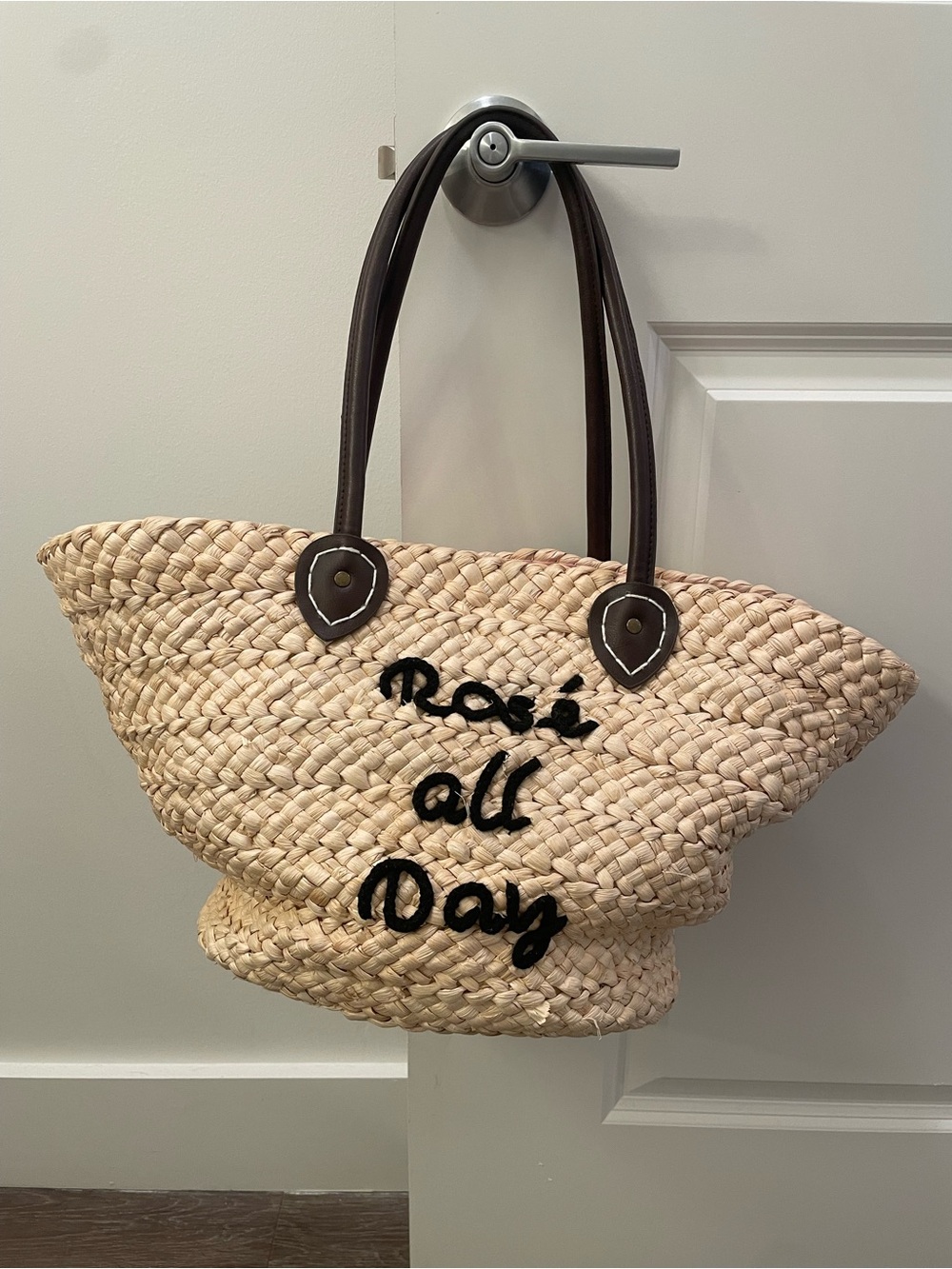 Rose All Day Straw Tote Bag - Natural with Black Script and Dark Brown Handles